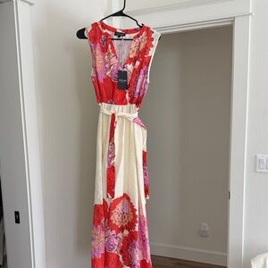 Maxi Floral Tie-Waist Dress in Cream, Red & Pink